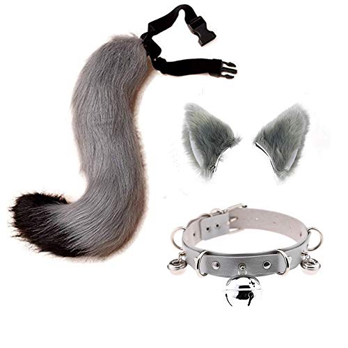 LittleLuluda Faux Fur Cat Ears Hair Clip Furry Wolf Fox Long Tail Costume Halloween Party Neck Chocker Cosplay Set (Grey-Black) - Grey-black