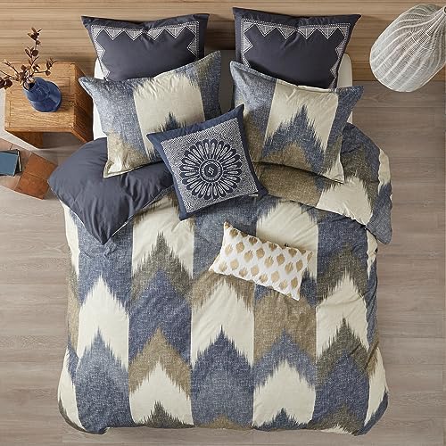 INK+IVY Queen Size Comforter Set, Cozy Cotton Comforter, All Season, Lightweight Comforter Queen Bed Set with 2 Matching Shams, Modern Cabin Lodge Ikat Chevron Design, Navy Full/Queen 3 Piece - Full/Queen - Navy