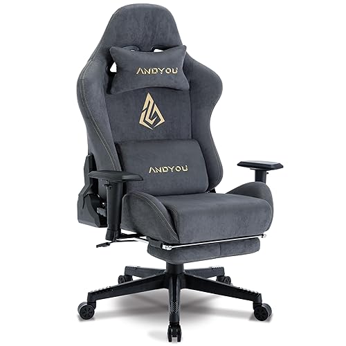 Andyou Gaming Stuhl, Ergonomischer Gaming Stuhl mit Fußstütze, Atmungsaktiver PC Stuhl mit verstellbare Lendenkissen, Kopfkissen und Armlehnen, 150 kg Belastbarkeit Drehsessel, Grau - Grau