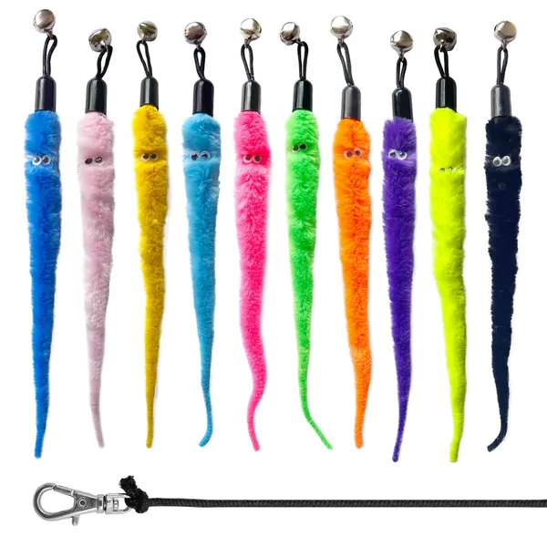 Vovamo Worm Teaser Refills for Cat Wand 10PCS Squiggly Worms Replacements and 1PC Replacement String for Cat Fishing Kittens Wand Refills Attachments for Kitten Training Exerciser Accessories -