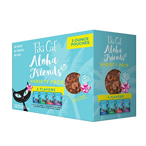 Tiki Cat Aloha Friends Variety Pack, Seafood Flavors with Pumpkin, Wet, High-Protein & High-Moisture Cat Food, For All Life Stages, 3 oz. Pouch (Case of 12) - Variety Pack