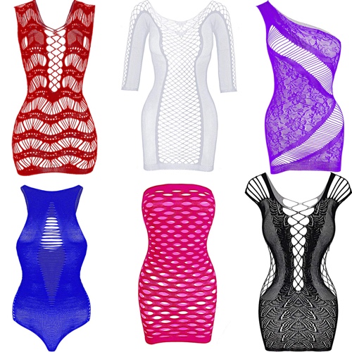 6 Pieces Women Mesh Lingerie Fishnet Babydoll Mini Dress Mesh Bodysuit Sleepwear (Black, Rose Red, Purple, Red, Dark Blue, White)