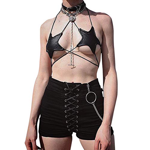 FlyCC Women Shiny Metallic Star Strappy Tube Top Halter Rave Wrap Around Bandeau Bra - Black