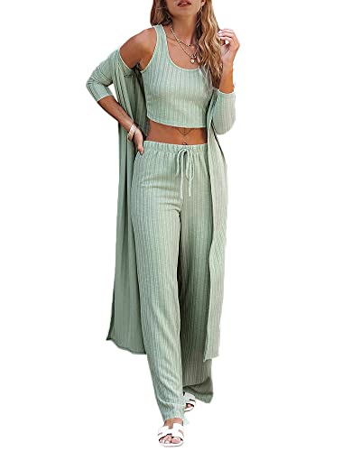 Fessceruna Womens Pajamas Set Fall Winter 3 Piece Loungewear Set Crop Top Loose Pants Cardigan - A-light Green - Medium