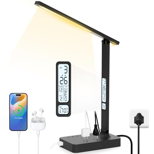 LED Foldable Desk Lamp with 2 USB Charging Port & 2 AC Power Outlets, 5 Color& 5 Brightness.Touch Control Dimmable Office/Home Timer Table Lamps with Clock, Alarm, Date, Temperature, Night light.