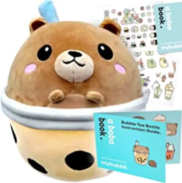 MYBUBBLI Cute Plushie Bundle. Large 10 Inch Boba Bear with 30+ Stickers- Bubble Milk Tea Asian Themed Comfort Food Soft Plush Toy Stuffed Animal - Kawaii Japanese Anime Style Plush