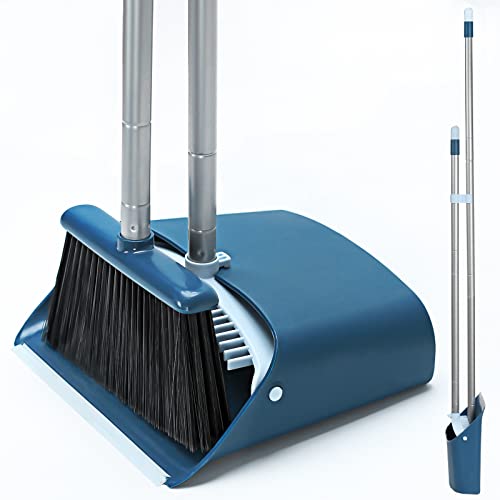 SONCAL Standing Dustpan and Broom Set with 52" Long Extendable Handle for Home, Indoor, Kitchen Room Office Lobby Floor Cleaning - Blue