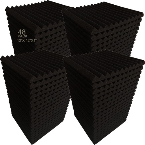 48 Pack Black 12"X 12"X1" Acoustic Panels Studio Soundproofing Foam Wedge Tiles, - Black