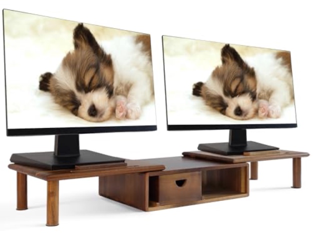 ROCDEER Dual Monitor Stand Riser for Desk, Adjustable Length and Angle Monitor 2 Solts for Phone & Pen, Solid Wood Computer Stand Desktop Organizer Stand for 2 or 3 Computer/Laptop/PC/Printer – Wood - Acacia Wood