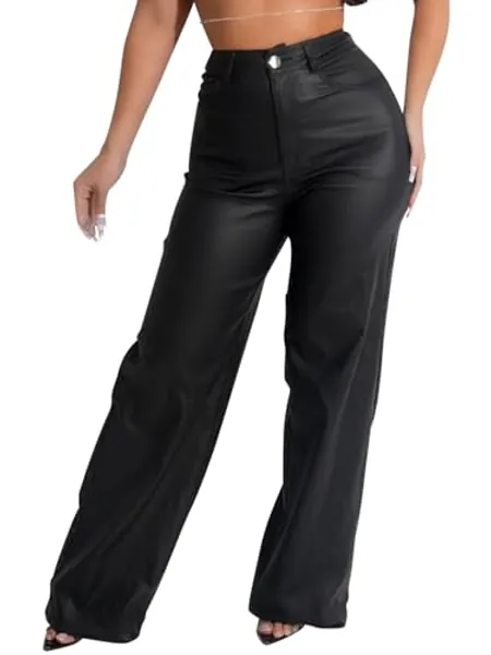 Zebaexf Women's High Waist Faux Leather Pants Straight Leg Jeans Leather Look Pants - Small - Matte-wide-black