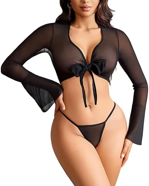 Avidlove Lingerie Sets for Women Sexy Going Out Sheer Top Long Sleeve Mesh Crop Tops See Through Bell Sleeves Top - Small - Black