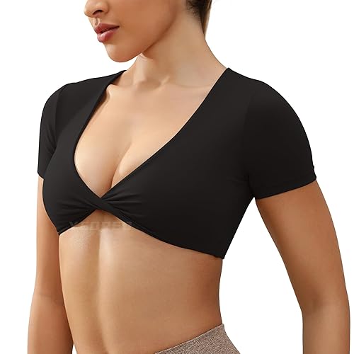 YEOREO Kyla Workout Crop Tops for Women Short Sleeve Twist Front Crop Tank Top Padded Sports Bra Casual Shirts - Small - Black