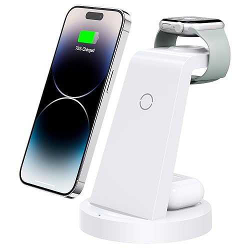 3 in 1 Charging Station for iPhone - Wireless Charger for Apple Products Multiple Devices - Charging Dock Stand for AirPods (for iPhone 16 15 14 13 pro 12 11 X Max) - White