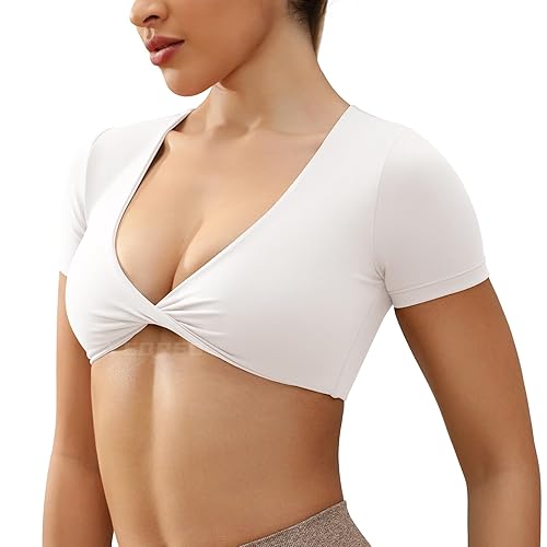 YEOREO Kyla Workout Crop Tops for Women Short Sleeve Twist Front Crop Tank Top Padded Sports Bra Casual Shirts - Medium - Milk White