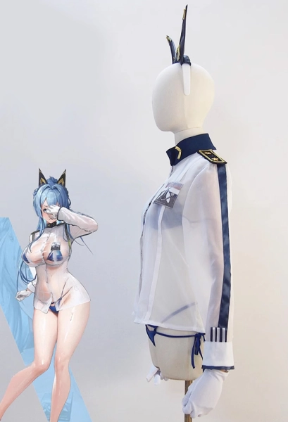 Goddess of Victory: NIKKE Helm: Aquamarine Cosplay Costume Blue Bikini Set with Translucent Top and Gloves