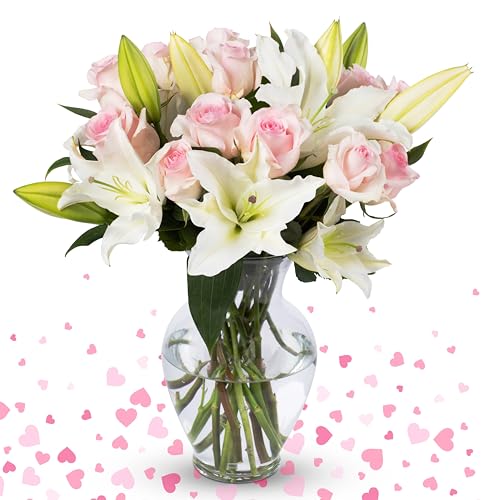Benchmark Bouquets Pink Roses and Lilies, Next Day Prime Delivery, Farm Direct Fresh Cut Flowers, Gift for Anniversary, Birthday, Congratulations, Get Well, Home Décor, Sympathy, Valentine’s Day - Pink