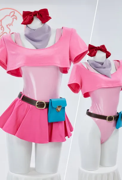 Bulma Derivative Sexy Lingerie Set Pink Bodysuit and Crop Top with Mini Skirt and Waist Bag Cosplay Costume
