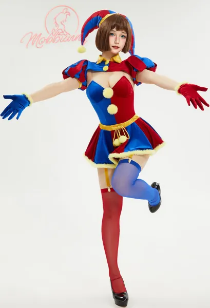 TADC Clown Girl Derivative Sexy Lingerie Set Blue Red Bodysuit and Mini Skirt with Gloves and Hat