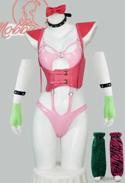 Chica Derivative Sexy Lingerie Set Cutout Pink Bodysuit and Waist Cincher with Leg Warmers and Hair Accessory