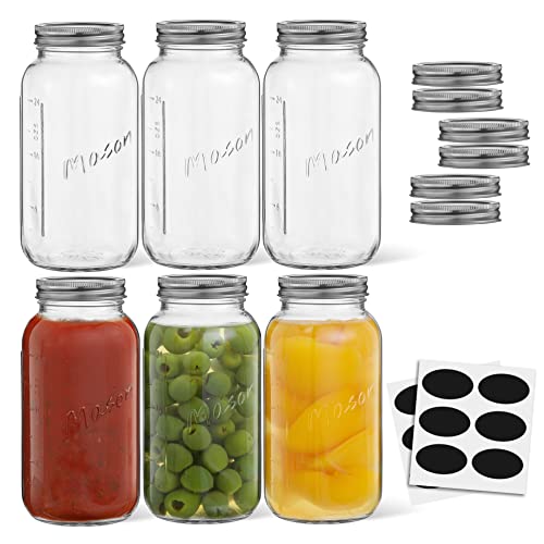 JoyJolt Glass Mason Jars (Pack of 6) | Regular Mouth | With Lids, Labels and Measures | Airtight | Canning Jars, Overnight Oats Jars, Salad Jars, Sourdough Starter Jar | 32 Oz - 32 Oz