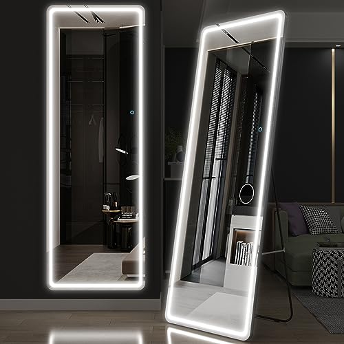 Biyatuos Full Length Floor Mirror with Lights 65"x22", Free Standing Mirror, Wall Mounted Hanging Mirror,Wall Mounted Hanging Mirror with Lights-Makeup Vanity Mirror& 3 Color Lighting(Black) - Black - 65*22
