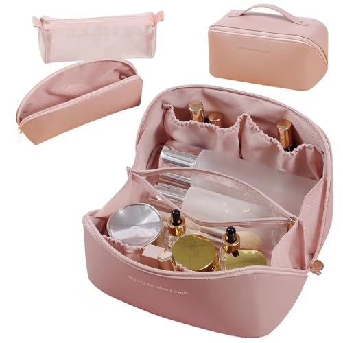 KNETAP 3 Set Makeup Bag- Large Capacity Travel Cosmetic Bag Plus Makeup Brush Holder Pouch, Open Flat Cosmetic Organizer Bag for Women, Portable PU Toiletry Bag Make Up Organizer (Pink) - Pink