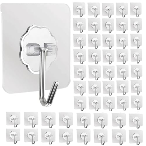 DDMY Adhesive Hooks Kitchen Wall Hooks- 50 Packs Heavy Duty 13.2lb(Max) Nail Free Sticky Hangers with Stainless Hooks Reusable Utility Towel Bath Ceiling Hooks - 50PCS