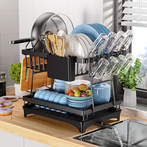 PKBD Rustproof Stainless Steel Dish Drying Rack,2 Tier Large Dish Rack for Kitchen Counter,Dish Rack with Drainboard,Dish Drainer with Utensil Holder & Cup Holder,Black - Black - Countertop+2 Tiers
