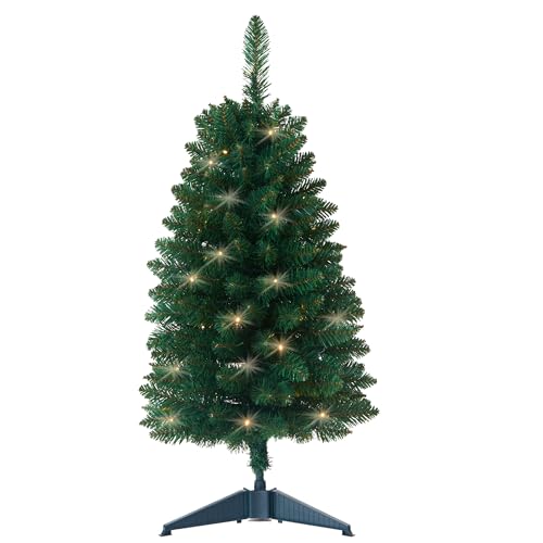 Pre-Lit Artificial Christmas Tree 3Ft, Battery Operated Desktop Xmas Tree with 50 LED 160 Branch Tips Mini Christmas Tree Decoration Indoor Outdoor - Green - 3FT