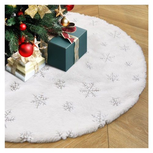 Silver Christmas Tree Skirt 36 Inches White Faux Fur Tree Skirts Sequin Snowflakes Plush Snowy Tree Mat for Artificial Trees Decorations - 24 Inches Silver