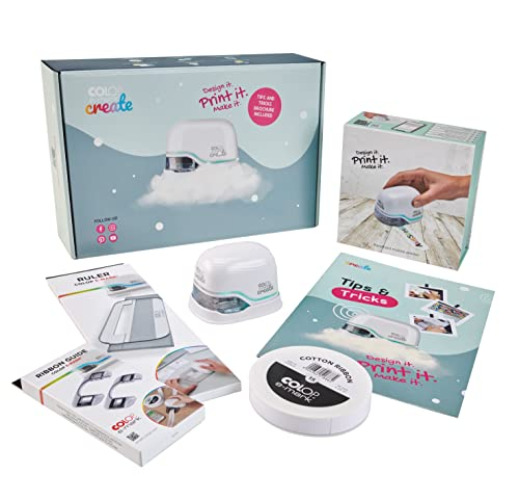 COLOP e-mark Kreativ-SET, enthält einen mobilen Drucker in weiß, 2 Führungsschienen zum Bedrucken von Bändern, 1 Baumwollband weiß 15 mm x 25 m, 1 Lineal sowie eine Tipps und Tricks Broschüre - weiß - Single
