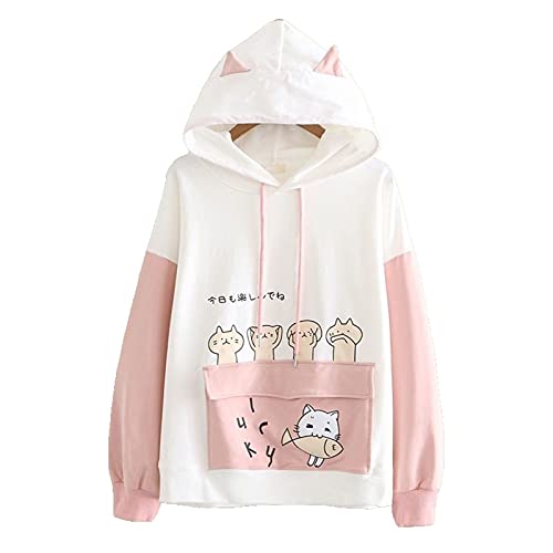 Mfacl Kawaii Hoodie Sweater Thin Loose Color Matching Hooded Ears Japanese Girly Dress (Color : Pink, Size : Large)