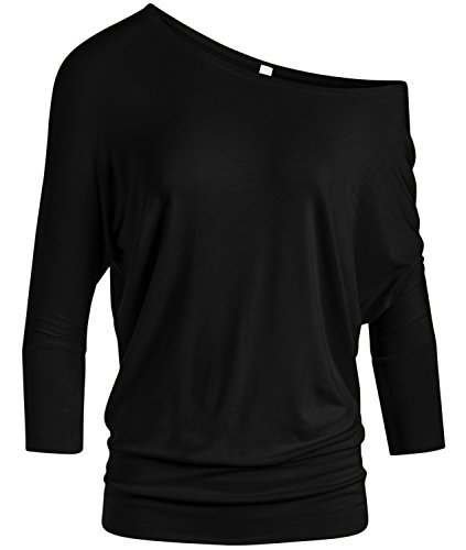 Dolman Tops for Women Off The Shoulder Tops Banded Waistband Shirts 3/4 Sleeves Regular and Plus Size Tops - 3X-Large - Black