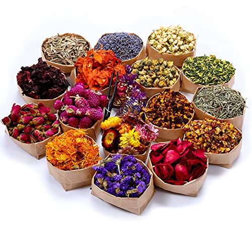 16 Bags Dried Flowers,100% Natural Dried Flowers Herbs Kit for Soap Making, DIY Candle Making,Bath - Include Rose Petals,Lavender,Don't Forget Me,Lilium,Jasmine,Rosebudsand More - 16 Bags*10g