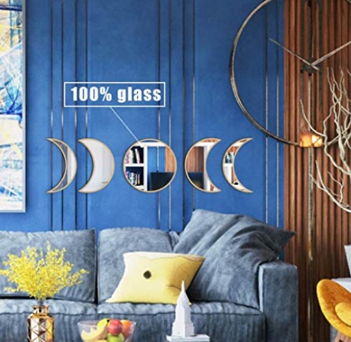 Moon Phase Mirror Set, Wall-Mounted Wall Decor Mirror, Boho Accents Room Decoration, Scandinavian Wall Hanging Glass Moon Mirror Wall Decorative for Bedroom, Living Room, Punchless, Real Mirror - Beige - Glass