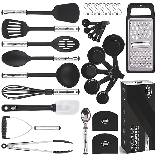 Kitchen Utensils Set 35 PCS Cooking Utensils Set, Nonstick and Heat Resistant Nylon Stainless Steel Silicone Spatula Set - Kitchen Gadgets Home Essentials Kitchen Accessories, Apartment Must Haves - Black