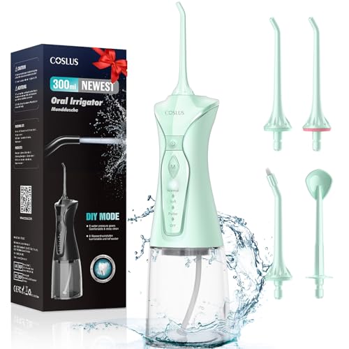 COSLUS Water Dental Flosser Pick for Teeth: 4 Modes Cordless Portable 300ML Larger Tank Water Teeth Cleaner IPX7 Waterproof Flossing Cleaning Picks for Home Travel FC5360 - Green