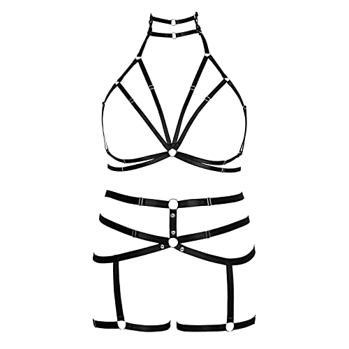 Women's Plus Size Bra Harness Gothic Punk Garter Belt Lingerie Hollow Out Festival Rave - Black