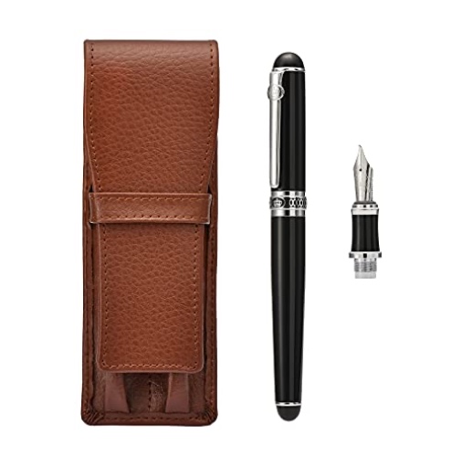 Lanxivi Austauschbare Füllfederhalter mit Duke Medium und Fude-Feder für Schreiben, Unterschriften, Kalligraphie, Zeichnen und Skizzieren, mit Lederetui
