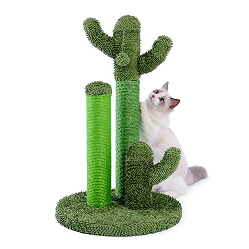 PAWZ Road Cat Scratching Post Cactus Cat Scratcher with 3 Scratching Poles and Dangling Ball Large 27 Inches - Large 27" - Green