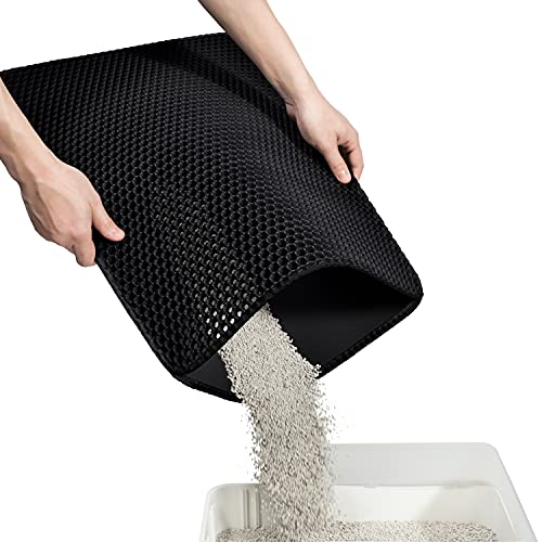 Conlun Cat Litter Mat Kitty Litter Trapping Mat 25” x15” Honeycomb Double Layer, Urine Waterproof, Easier to Clean, Litter Box Mat Scatter Control, Less Waste, Soft on Paws, Non-Slip - Black - Medium (25" x 15")