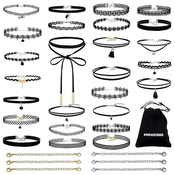 PAXCOO 32 PCS Choker Necklaces Set Including 26 Pcs Black Choker Necklaces and 6 Pcs Extender Chains for Women Girls