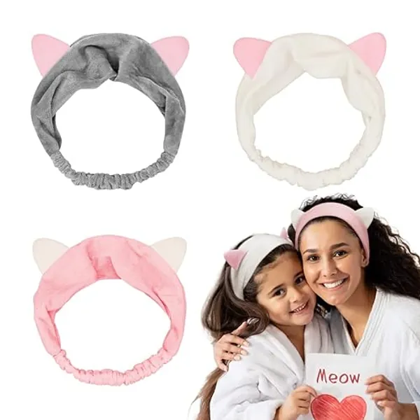 Dreamlover Cat Ear Skincare Headbands for Kids, Spa Headbands for Washing Face, 3 Pieces