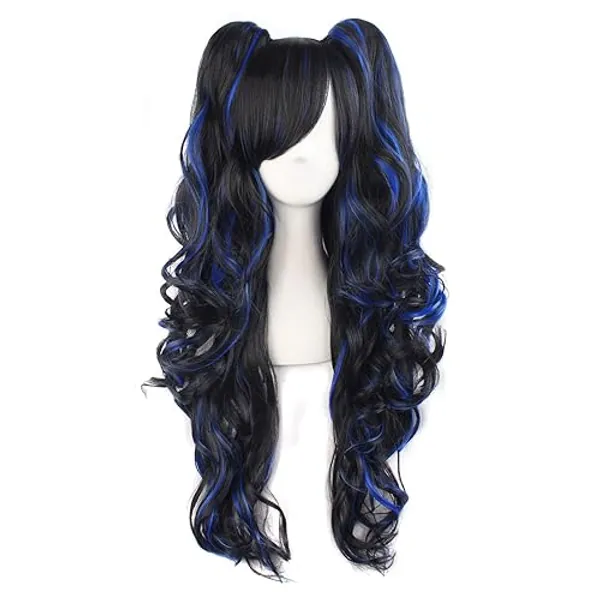 MapofBeauty Multi-color Lolita Long Curly Clip on Ponytails Cosplay Wig (Black/ Blue) - Black/ Blue