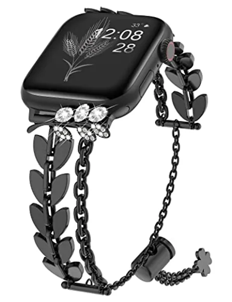 Wearlizer Wheat Ear Bracelet Compatible with Apple Watch Bands 40mm 38mm 41mm Women, Bling Diamond Charms iWatch Bands Stylish Dressy Metal Strap for Apple Watch Series 8 7 6 5 4 3 2 1 SE Band, Black - Black - For 38mm/40mm/41mm iwatch