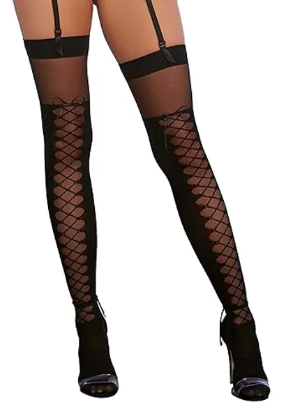 Dreamgirl Women's Sheer Thigh High Stockings with Lace-Up Boot Design - One Size - Black