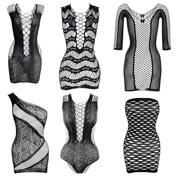 FEPITO 6 Set Fishnet Dresses Mesh Lingerie Fishnet Sleepwear for Women Black