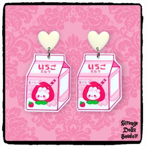 Cute milk earrings, 925 sterling silver, strawberry, rabbit, Cute pastel, Strange Dollz Boudoir