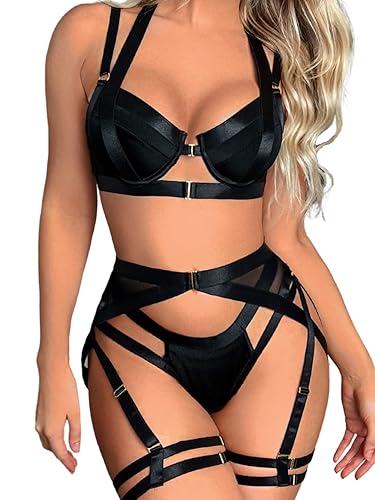 Kaei&Shi Strappy Harness, All Adjustable, Underwire Racerback, 4pc Garter Set - 4-6 - Black