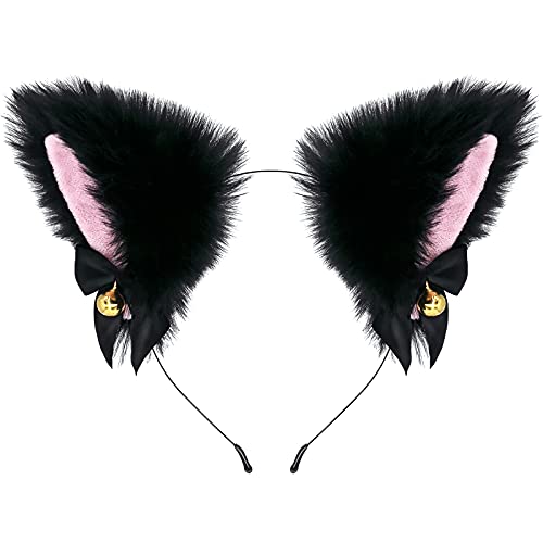 CEDAR BRIGHT Fox Cat Ears Anime Cosplay - Animal Wolf Headwear, Halloween Headband,Headpiece Costume Accessories with Bells - Black